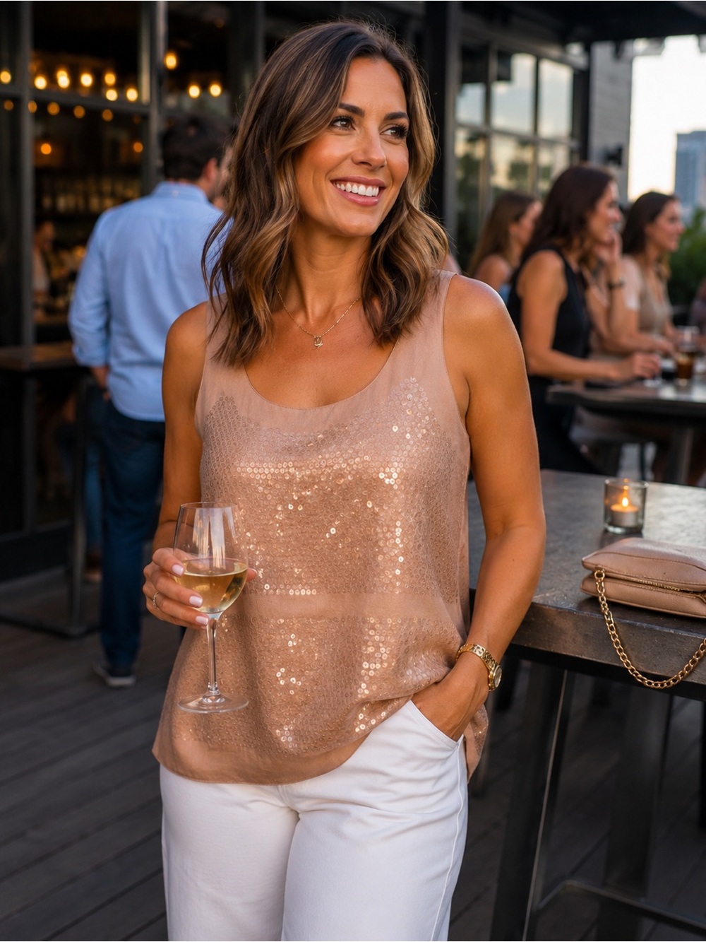 LOFT Sequin Scoop Neck Tank in Rose Gold